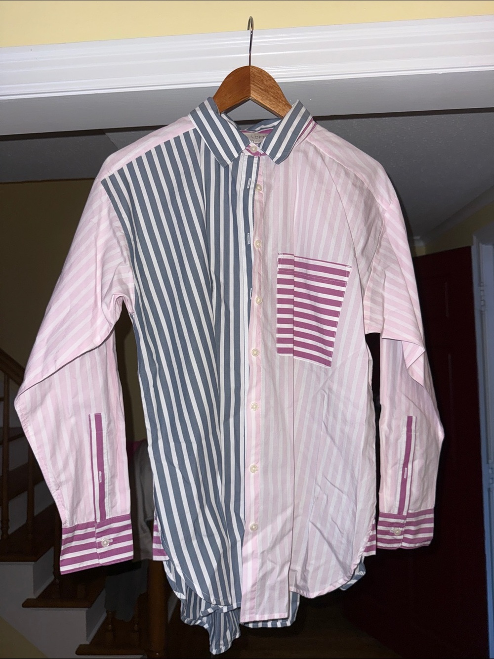 LOFT Striped Patchwork Button-Down Shirt - Pink & Gray